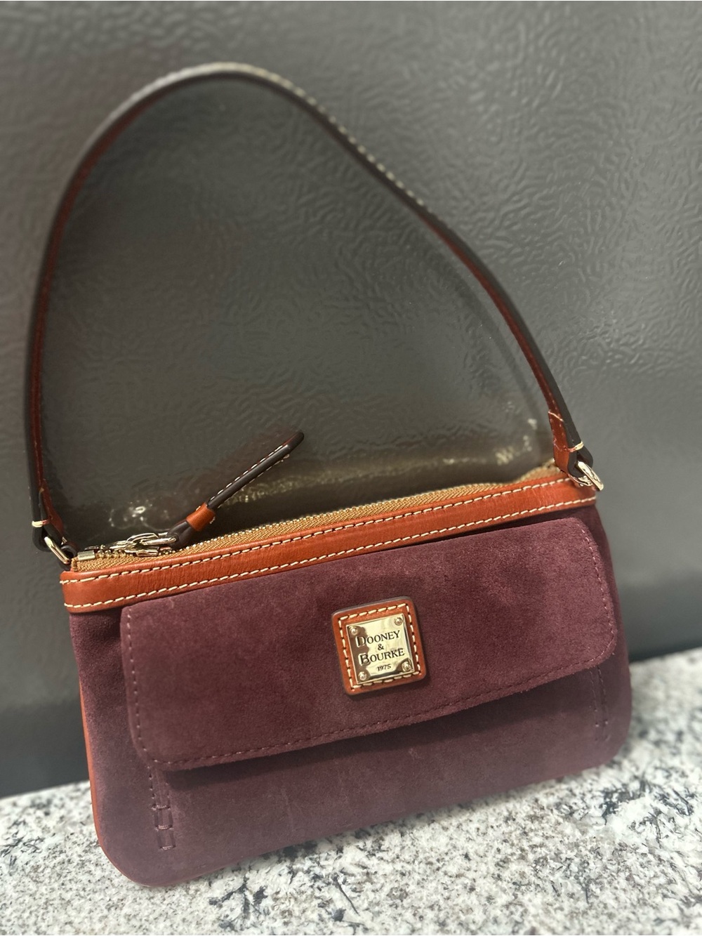 Dooney & Bourke Plum Suede Shoulder Bag with Tan Trim